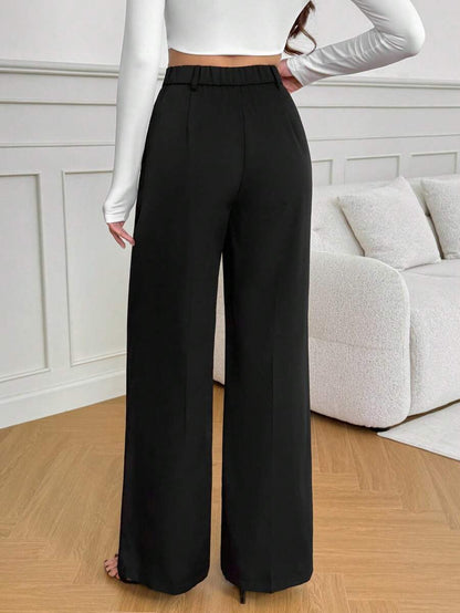 Isla High Waisted Wide Leg Pants with Pleated Front - Black