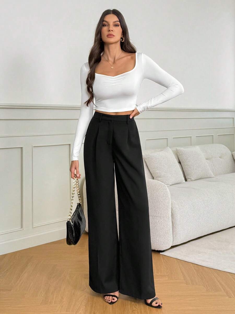 Isla High Waisted Wide Leg Pants with Pleated Front - Black
