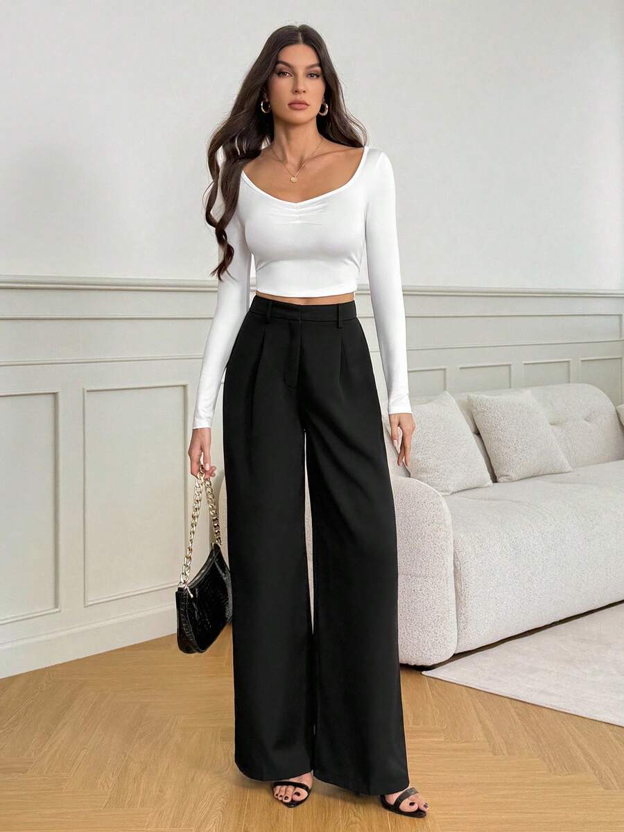 Isla High Waisted Wide Leg Pants with Pleated Front - Black