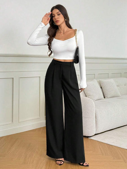 Isla High Waisted Wide Leg Pants with Pleated Front - Black