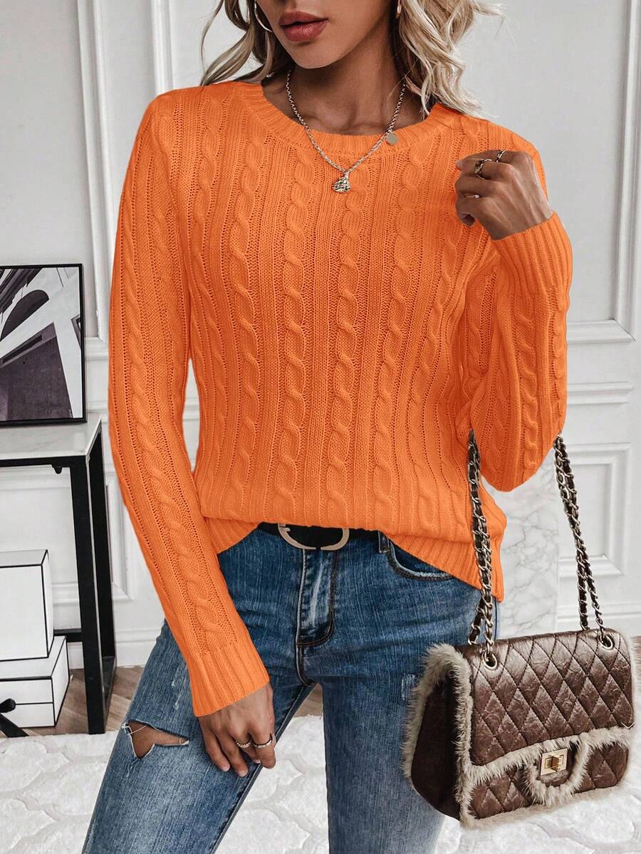 Livia Twist Cable Knit Crew Neck Sweater Fitted Pullover - Orange