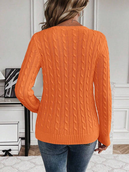 Livia Twist Cable Knit Crew Neck Sweater Fitted Pullover - Orange
