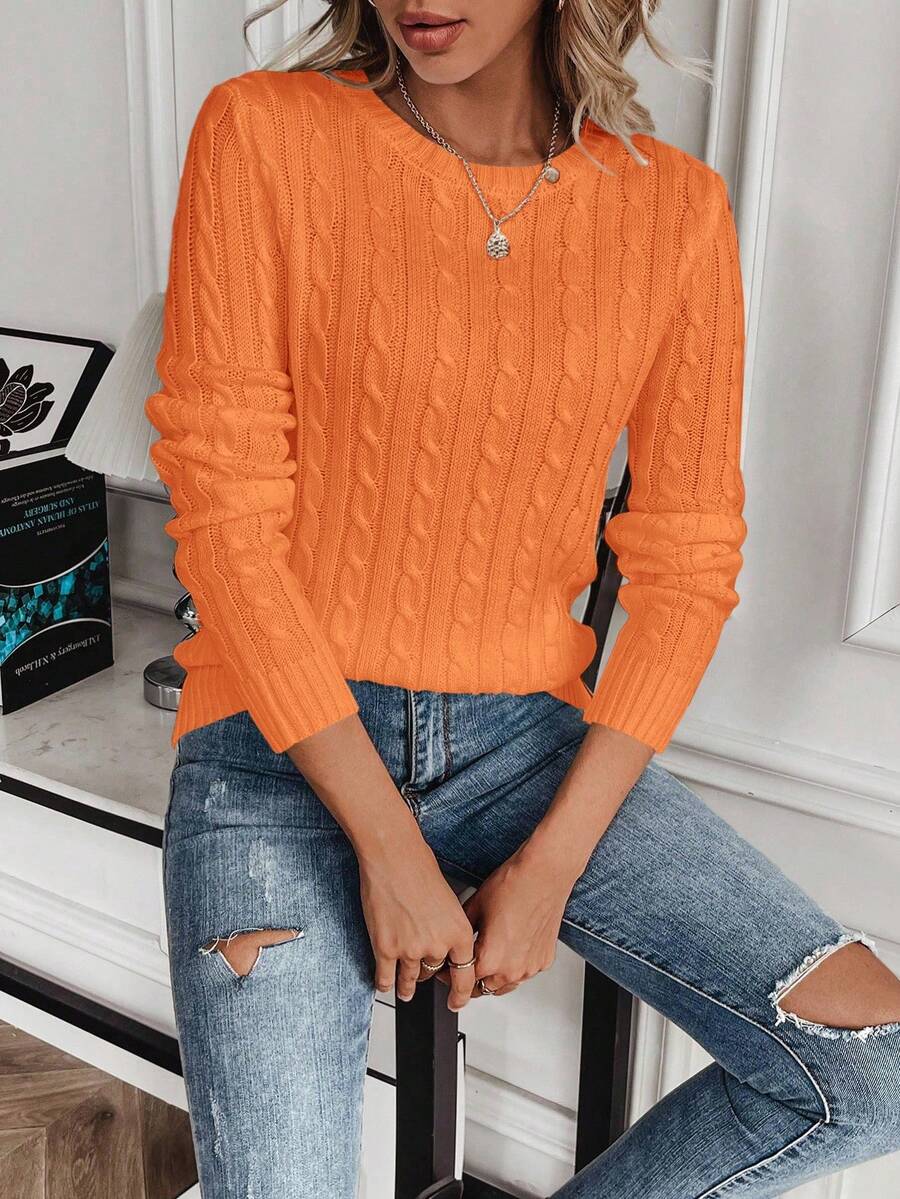 Livia Twist Cable Knit Crew Neck Sweater Fitted Pullover - Orange