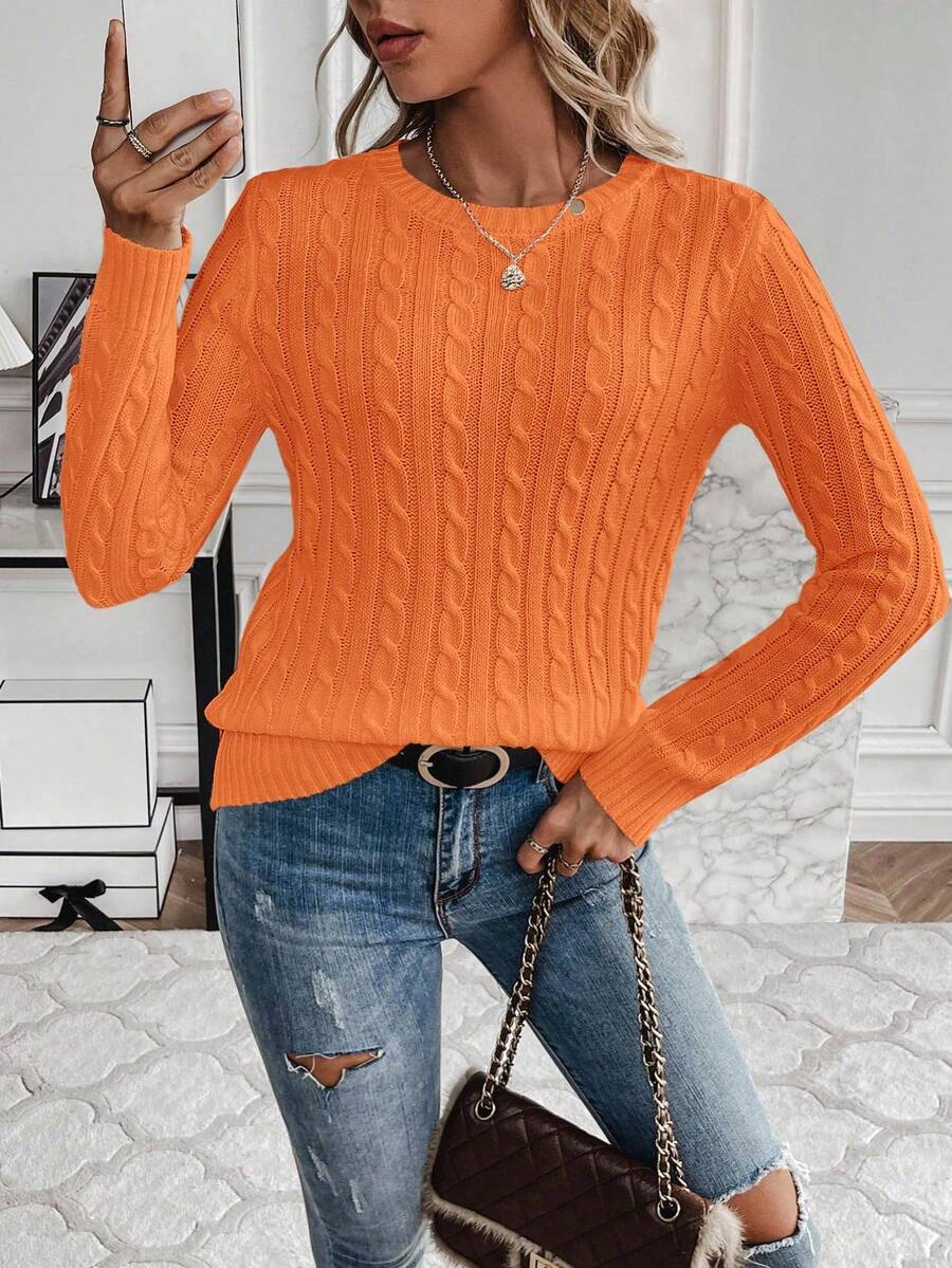 Livia Twist Cable Knit Crew Neck Sweater Fitted Pullover - Orange