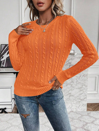 Livia Twist Cable Knit Crew Neck Sweater Fitted Pullover - Orange