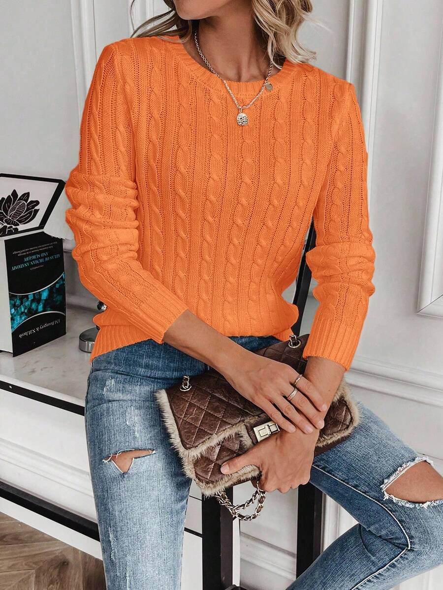 Livia Twist Cable Knit Crew Neck Sweater Fitted Pullover - Orange
