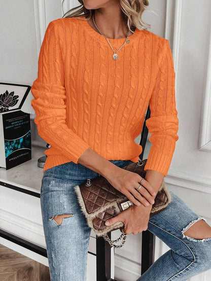 Livia Twist Cable Knit Crew Neck Sweater Fitted Pullover - Orange