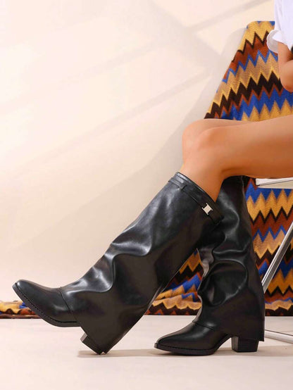 Women's Pleated Loose Boots, Fashion Thick High Heel Pointed Toe Knee-High Dress Boots, Punk Pleated Brown Boots Suitable For Daily, Festival, Versatile,Cowboy Boots Mensa