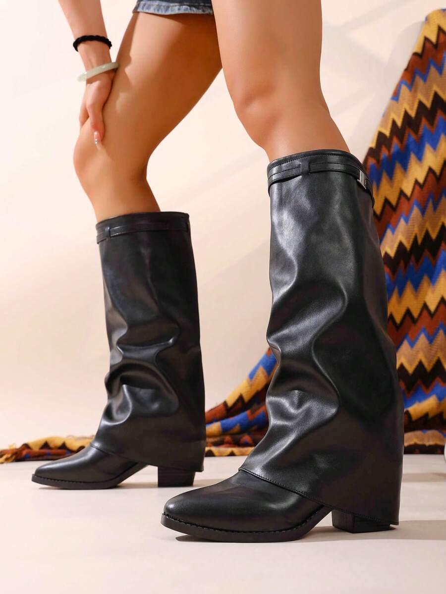 Women's Pleated Loose Boots, Fashion Thick High Heel Pointed Toe Knee-High Dress Boots, Punk Pleated Brown Boots Suitable For Daily, Festival, Versatile,Cowboy Boots Mensa