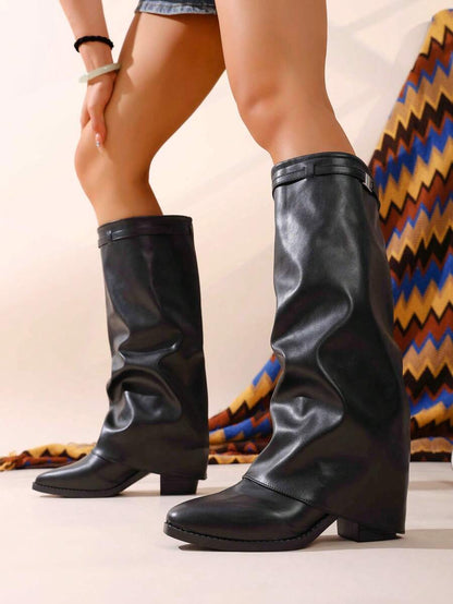 Women's Pleated Loose Boots, Fashion Thick High Heel Pointed Toe Knee-High Dress Boots, Punk Pleated Brown Boots Suitable For Daily, Festival, Versatile,Cowboy Boots Mensa