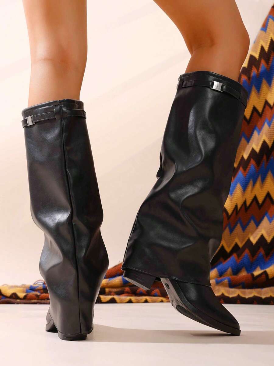 Women's Pleated Loose Boots, Fashion Thick High Heel Pointed Toe Knee-High Dress Boots, Punk Pleated Brown Boots Suitable For Daily, Festival, Versatile,Cowboy Boots Mensa