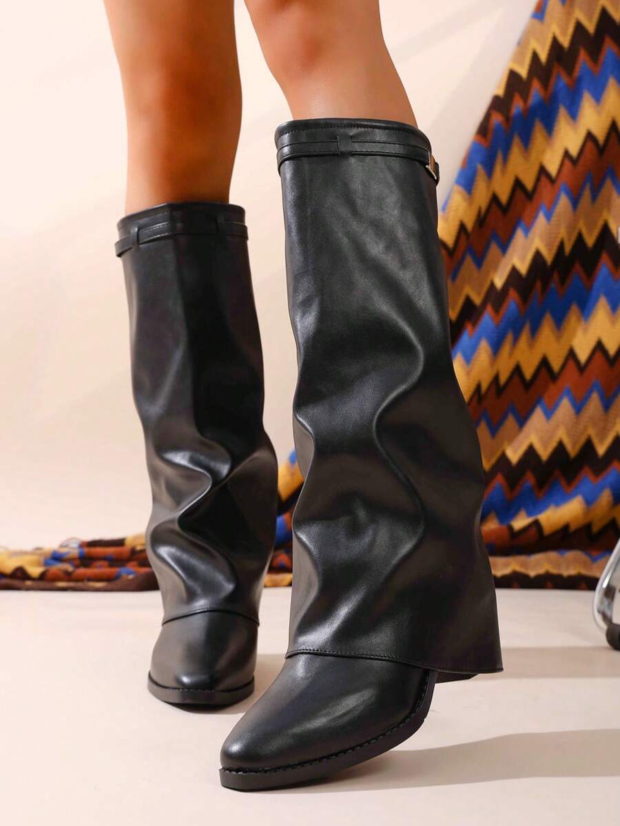 Women's Pleated Loose Boots, Fashion Thick High Heel Pointed Toe Knee-High Dress Boots, Punk Pleated Brown Boots Suitable For Daily, Festival, Versatile,Cowboy Boots Mensa