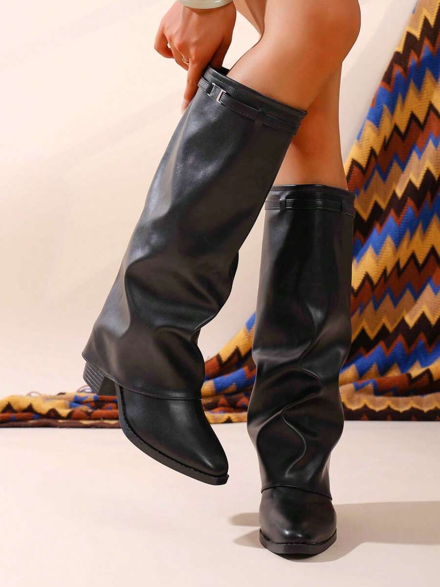 Women's Pleated Loose Boots, Fashion Thick High Heel Pointed Toe Knee-High Dress Boots, Punk Pleated Brown Boots Suitable For Daily, Festival, Versatile,Cowboy Boots Mensa