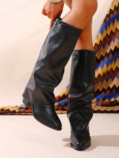 Women's Pleated Loose Boots, Fashion Thick High Heel Pointed Toe Knee-High Dress Boots, Punk Pleated Brown Boots Suitable For Daily, Festival, Versatile,Cowboy Boots Mensa