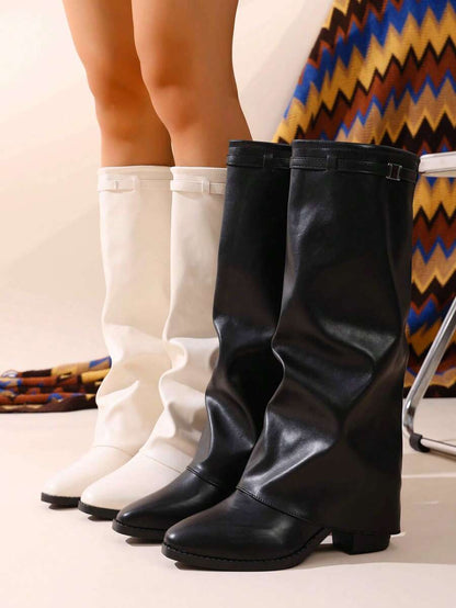 Women's Pleated Loose Boots, Fashion Thick High Heel Pointed Toe Knee-High Dress Boots, Punk Pleated Brown Boots Suitable For Daily, Festival, Versatile,Cowboy Boots Mensa