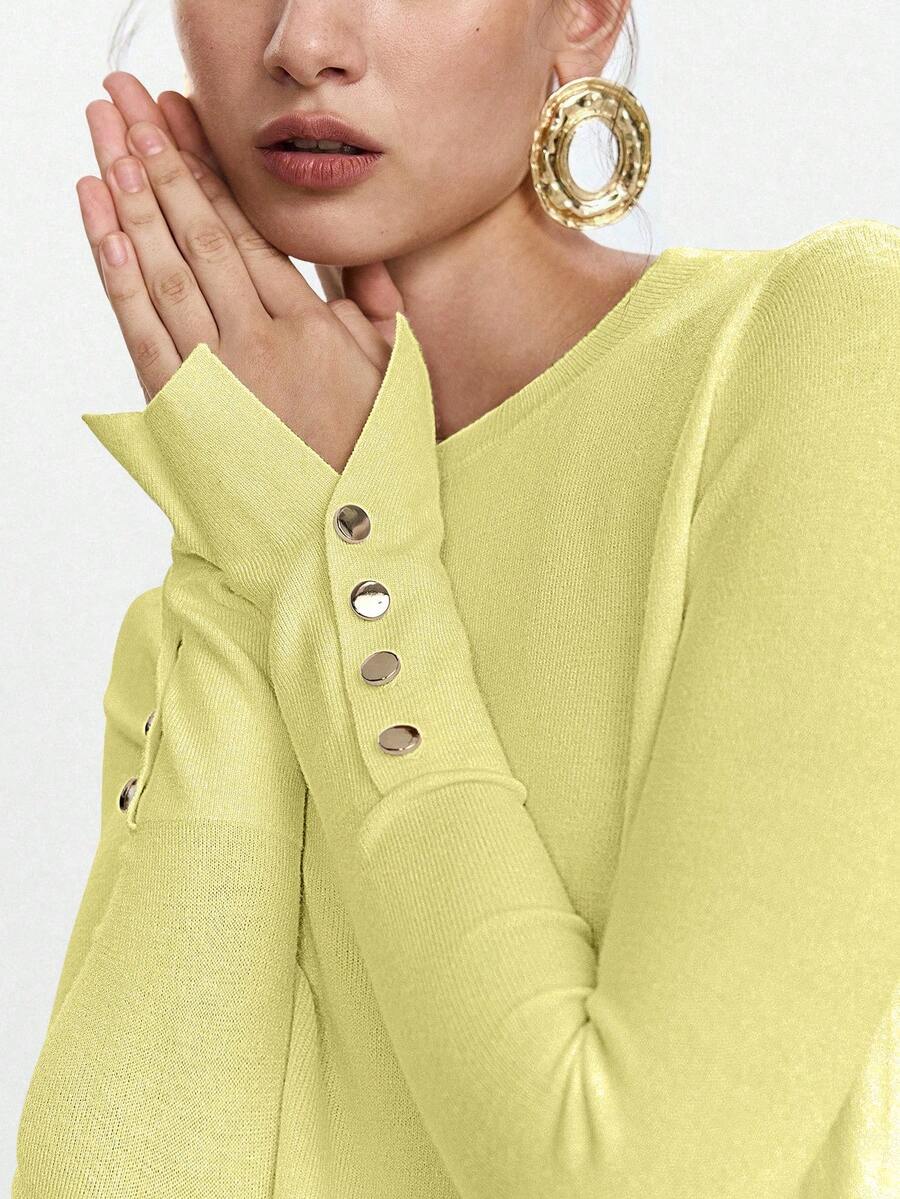 Women's Fine Knit Sweater with Button Cuffs, Lightweight Pullover for Fall Work Casual - Beige