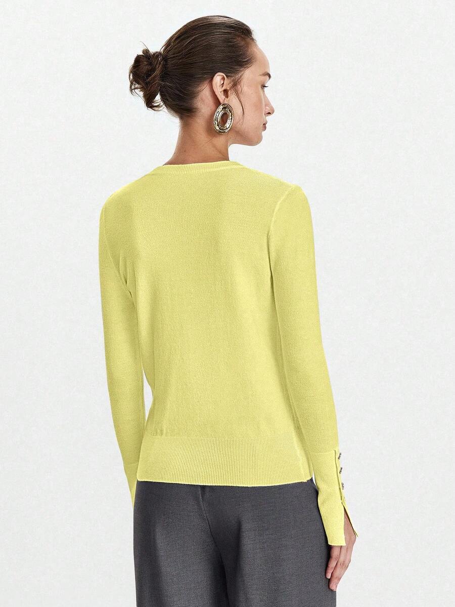 Women's Fine Knit Sweater with Button Cuffs, Lightweight Pullover for Fall Work Casual - Beige