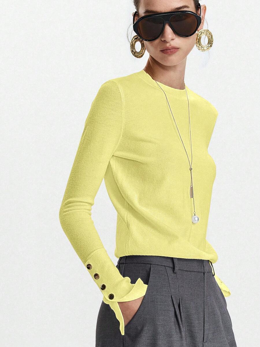 Women's Fine Knit Sweater with Button Cuffs, Lightweight Pullover for Fall Work Casual - Beige