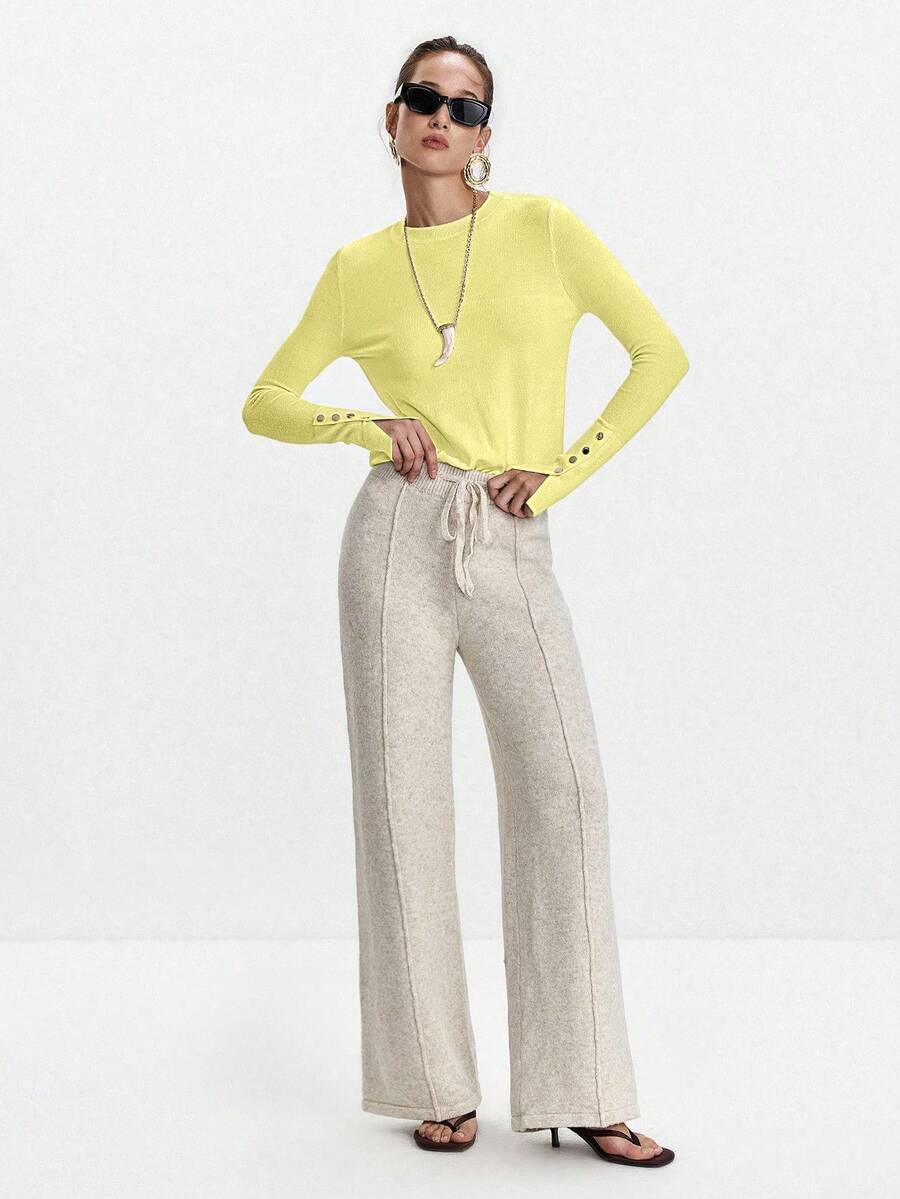 Women's Fine Knit Sweater with Button Cuffs, Lightweight Pullover for Fall Work Casual - Beige