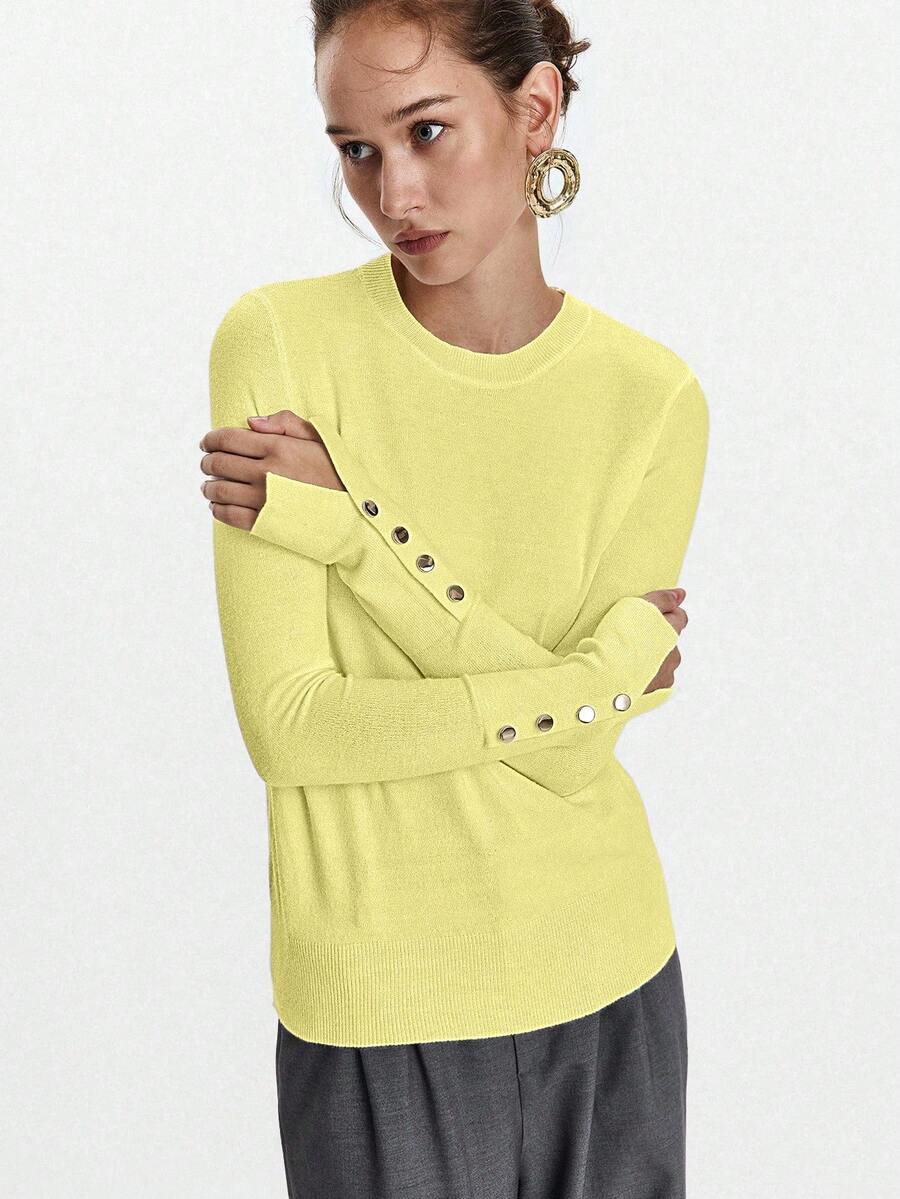 Women's Fine Knit Sweater with Button Cuffs, Lightweight Pullover for Fall Work Casual - Beige