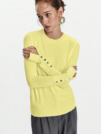 Women's Fine Knit Sweater with Button Cuffs, Lightweight Pullover for Fall Work Casual - Beige