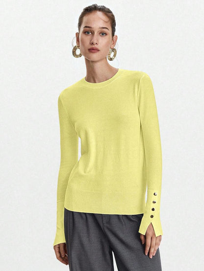 Women's Fine Knit Sweater with Button Cuffs, Lightweight Pullover for Fall Work Casual - Beige