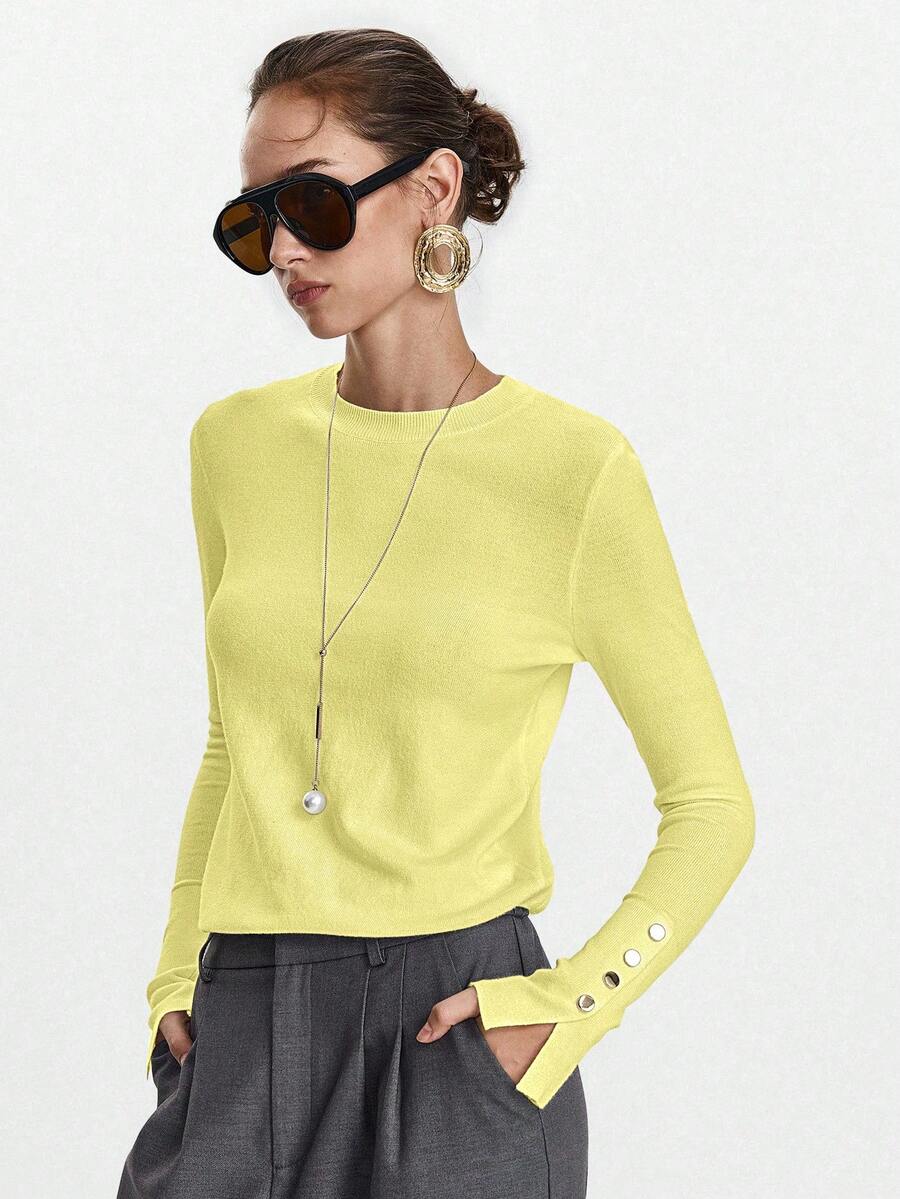 Women's Fine Knit Sweater with Button Cuffs, Lightweight Pullover for Fall Work Casual - Beige