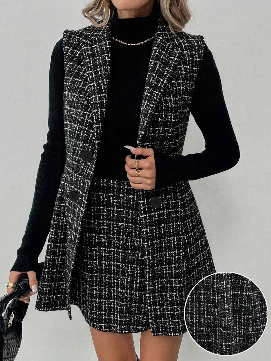 Sadie Two Piece Set Sleeveless Blazer Vest and Mini Skirt - Charcoal Plaid
