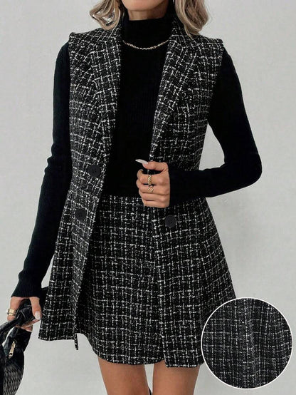 Sadie Two Piece Set Sleeveless Blazer Vest and Mini Skirt - Charcoal Plaid