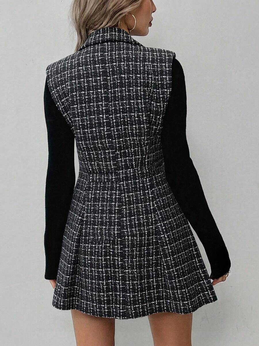 Sadie Two Piece Set Sleeveless Blazer Vest and Mini Skirt - Charcoal Plaid