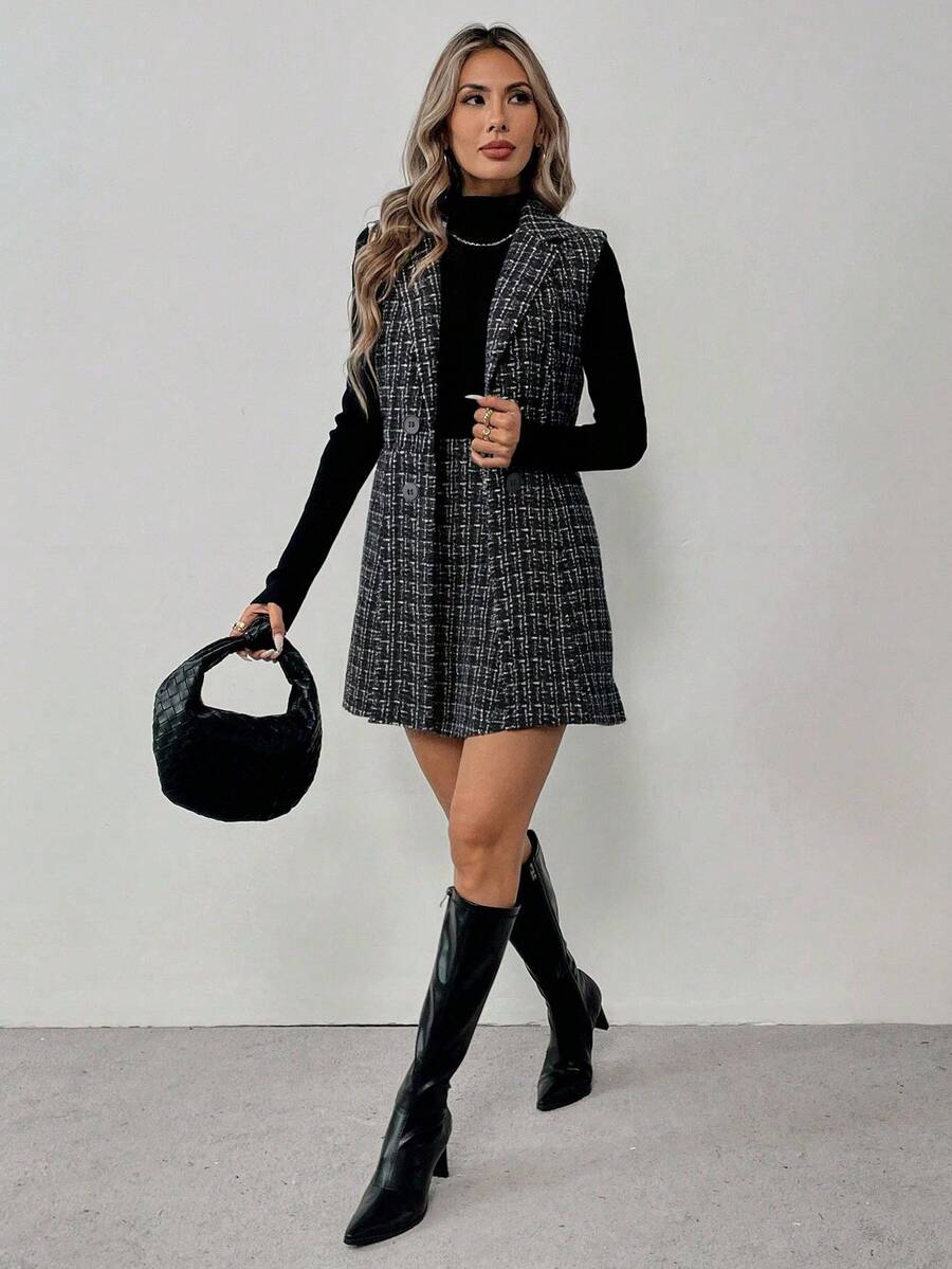 Sadie Two Piece Set Sleeveless Blazer Vest and Mini Skirt - Charcoal Plaid