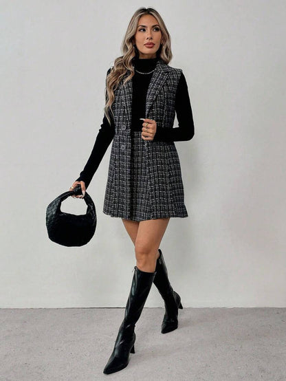 Sadie Two Piece Set Sleeveless Blazer Vest and Mini Skirt - Charcoal Plaid