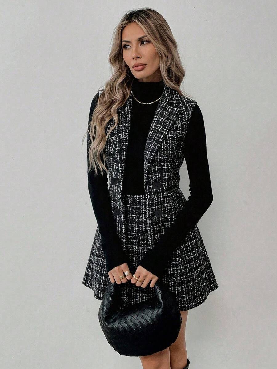 Sadie Two Piece Set Sleeveless Blazer Vest and Mini Skirt - Charcoal Plaid