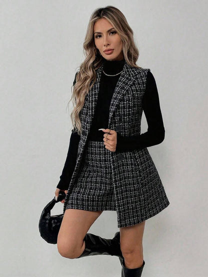 Sadie Two Piece Set Sleeveless Blazer Vest and Mini Skirt - Charcoal Plaid
