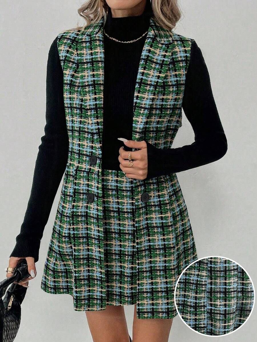 Sadie Two Piece Set Sleeveless Blazer Vest and Mini Skirt - Sage Plaid