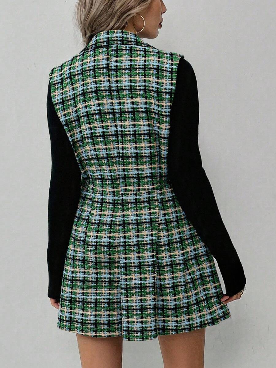 Sadie Two Piece Set Sleeveless Blazer Vest and Mini Skirt - Sage Plaid