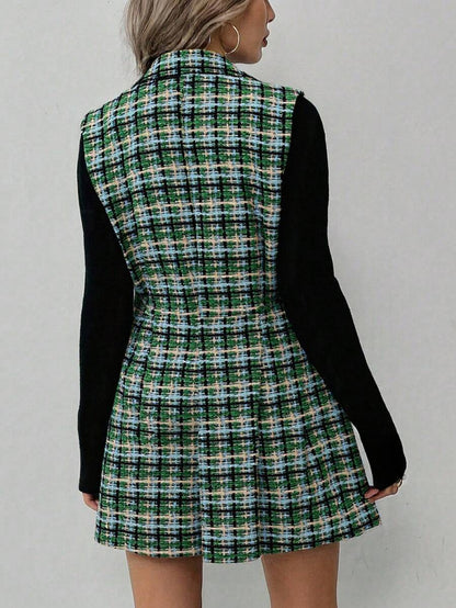 Sadie Two Piece Set Sleeveless Blazer Vest and Mini Skirt - Sage Plaid