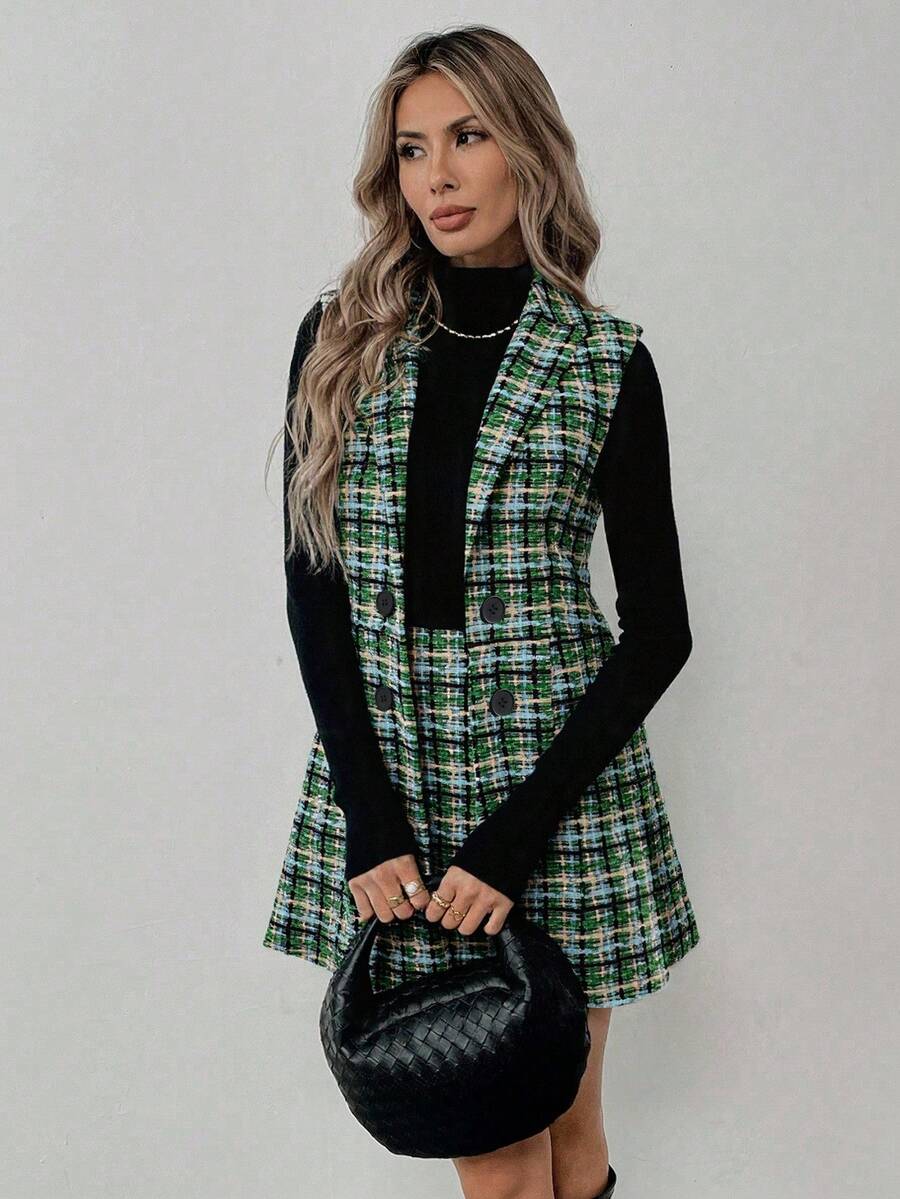 Sadie Two Piece Set Sleeveless Blazer Vest and Mini Skirt - Sage Plaid