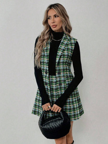 Sadie Two Piece Set Sleeveless Blazer Vest and Mini Skirt - Sage Plaid