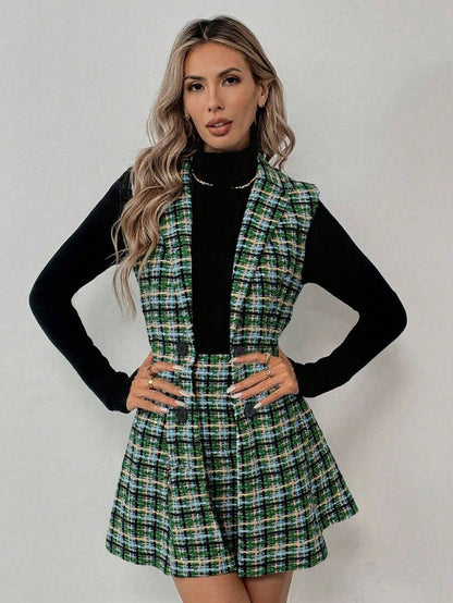 Sadie Two Piece Set Sleeveless Blazer Vest and Mini Skirt - Sage Plaid