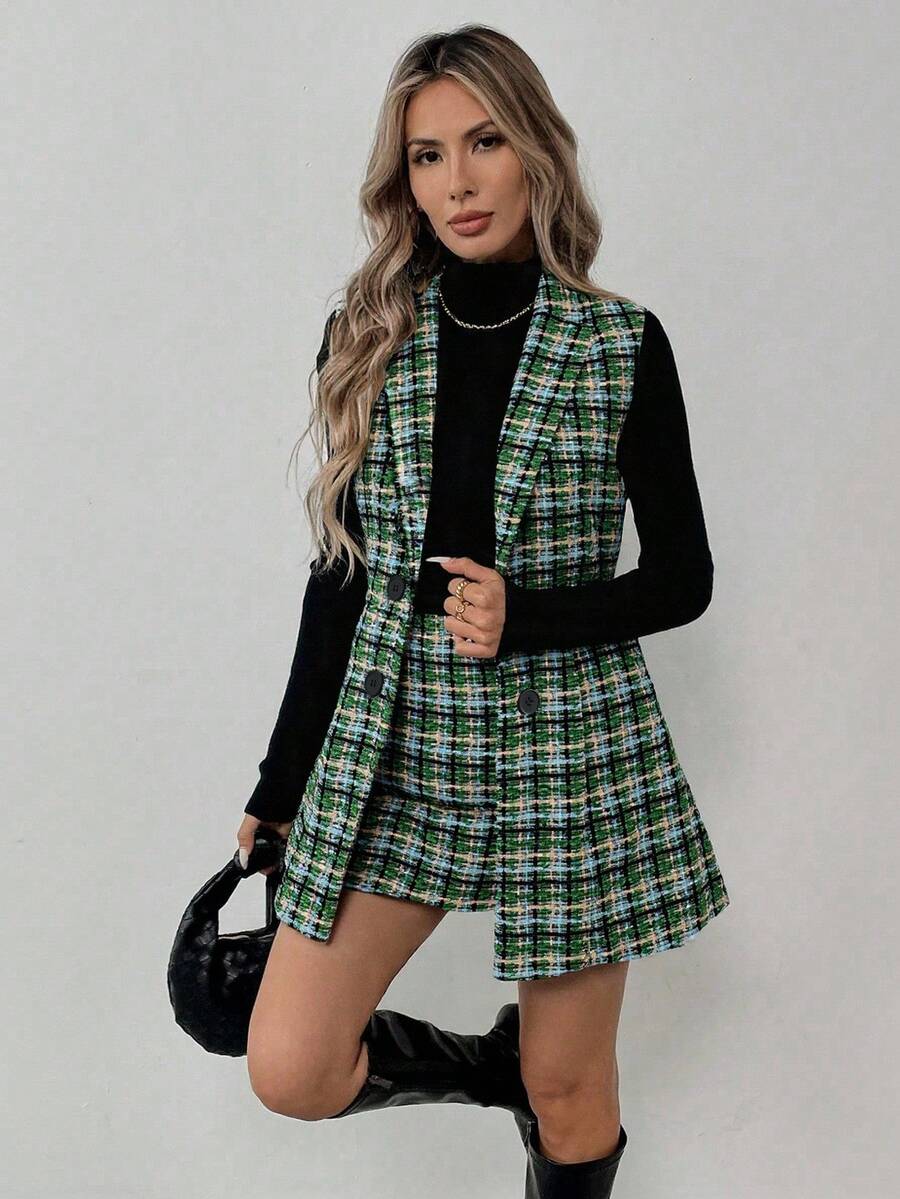 Sadie Two Piece Set Sleeveless Blazer Vest and Mini Skirt - Sage Plaid