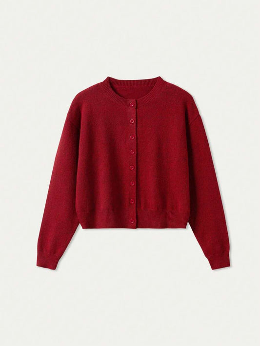 Women's Drop Shoulder Knit Cardigan, Relaxed Sweater for Fall Winter Layering - Red