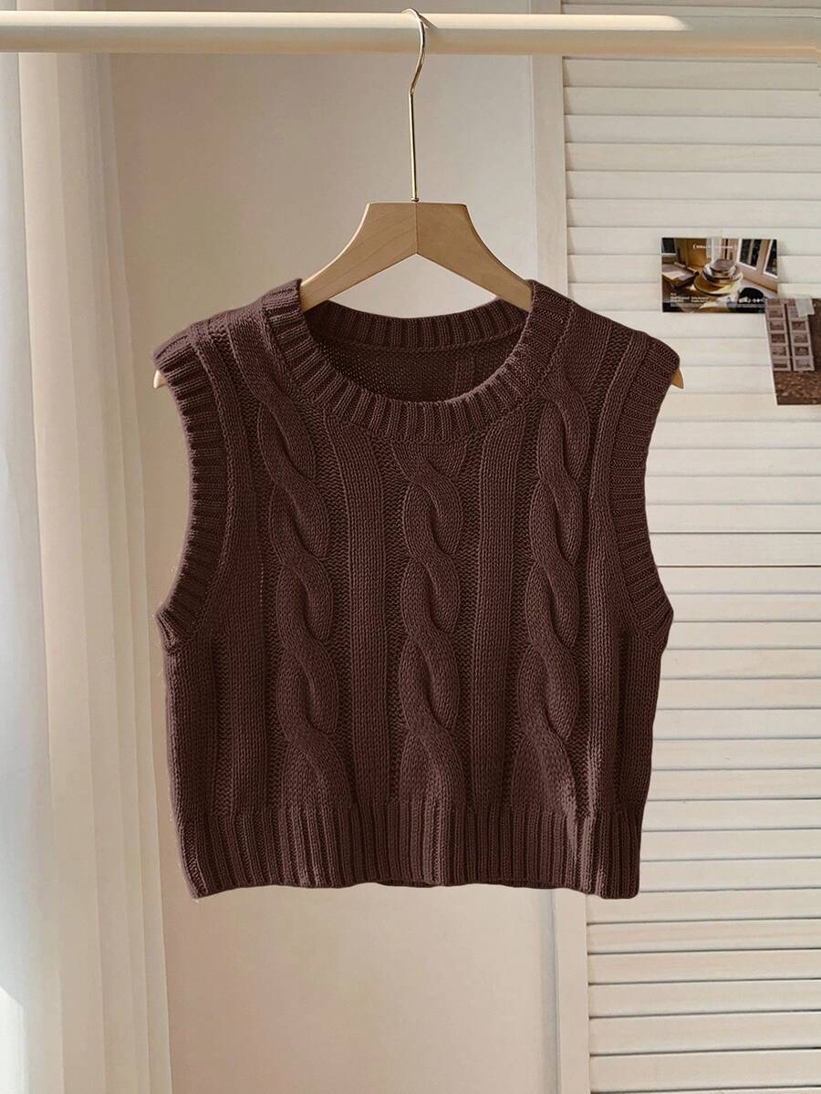 Women's Cropped Cable Knit Sweater Vest, Sleeveless Layering Top for Fall - Coffee Brown