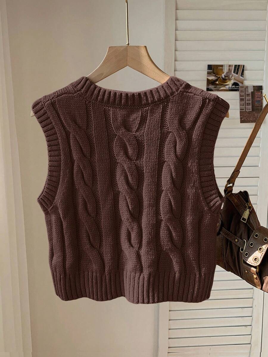 Women's Cropped Cable Knit Sweater Vest, Sleeveless Layering Top for Fall - Coffee Brown
