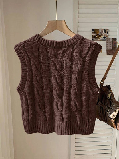 Women's Cropped Cable Knit Sweater Vest, Sleeveless Layering Top for Fall - Coffee Brown