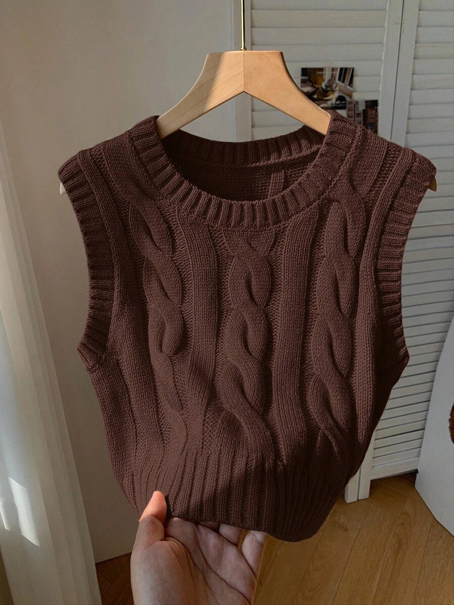 Women's Cropped Cable Knit Sweater Vest, Sleeveless Layering Top for Fall - Coffee Brown