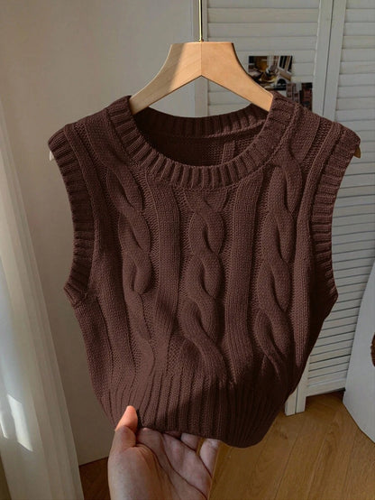 Women's Cropped Cable Knit Sweater Vest, Sleeveless Layering Top for Fall - Coffee Brown