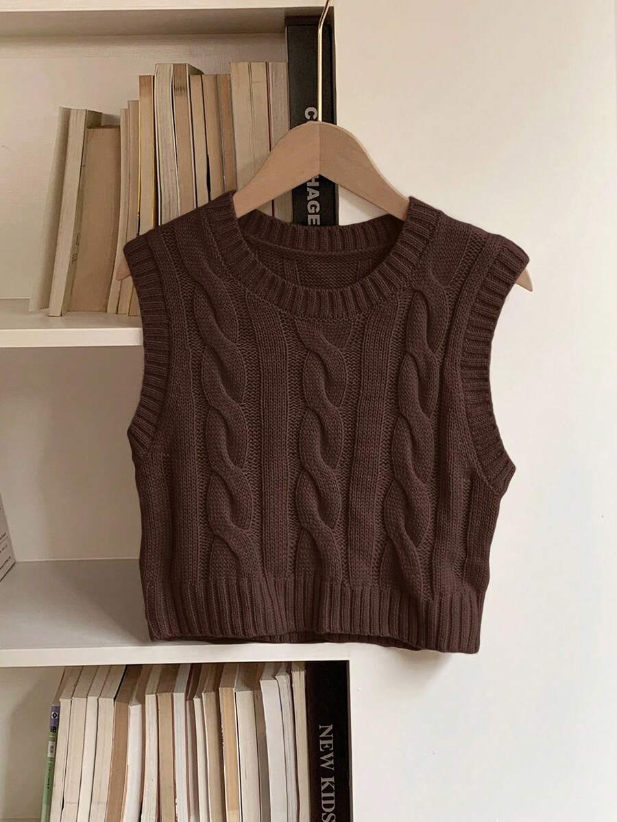 Women's Cropped Cable Knit Sweater Vest, Sleeveless Layering Top for Fall - Coffee Brown