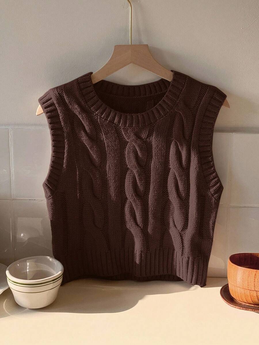 Women's Cropped Cable Knit Sweater Vest, Sleeveless Layering Top for Fall - Coffee Brown