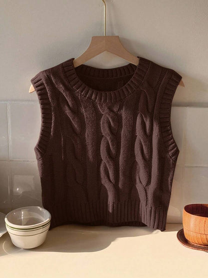 Women's Cropped Cable Knit Sweater Vest, Sleeveless Layering Top for Fall - Coffee Brown